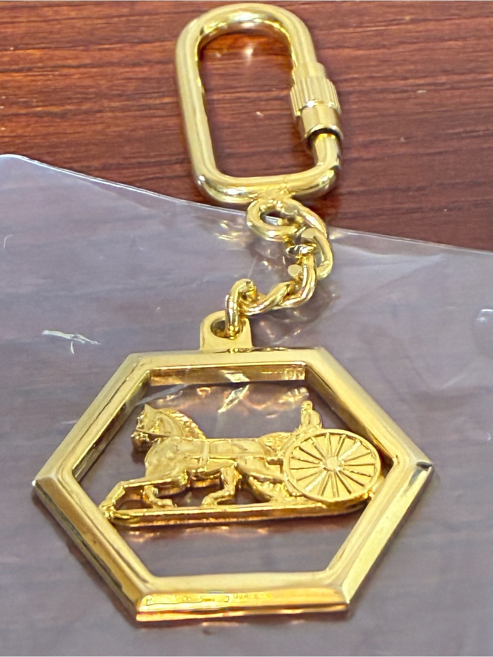 Celine Gold Hexagon Horse & Carriage Charm Keyring